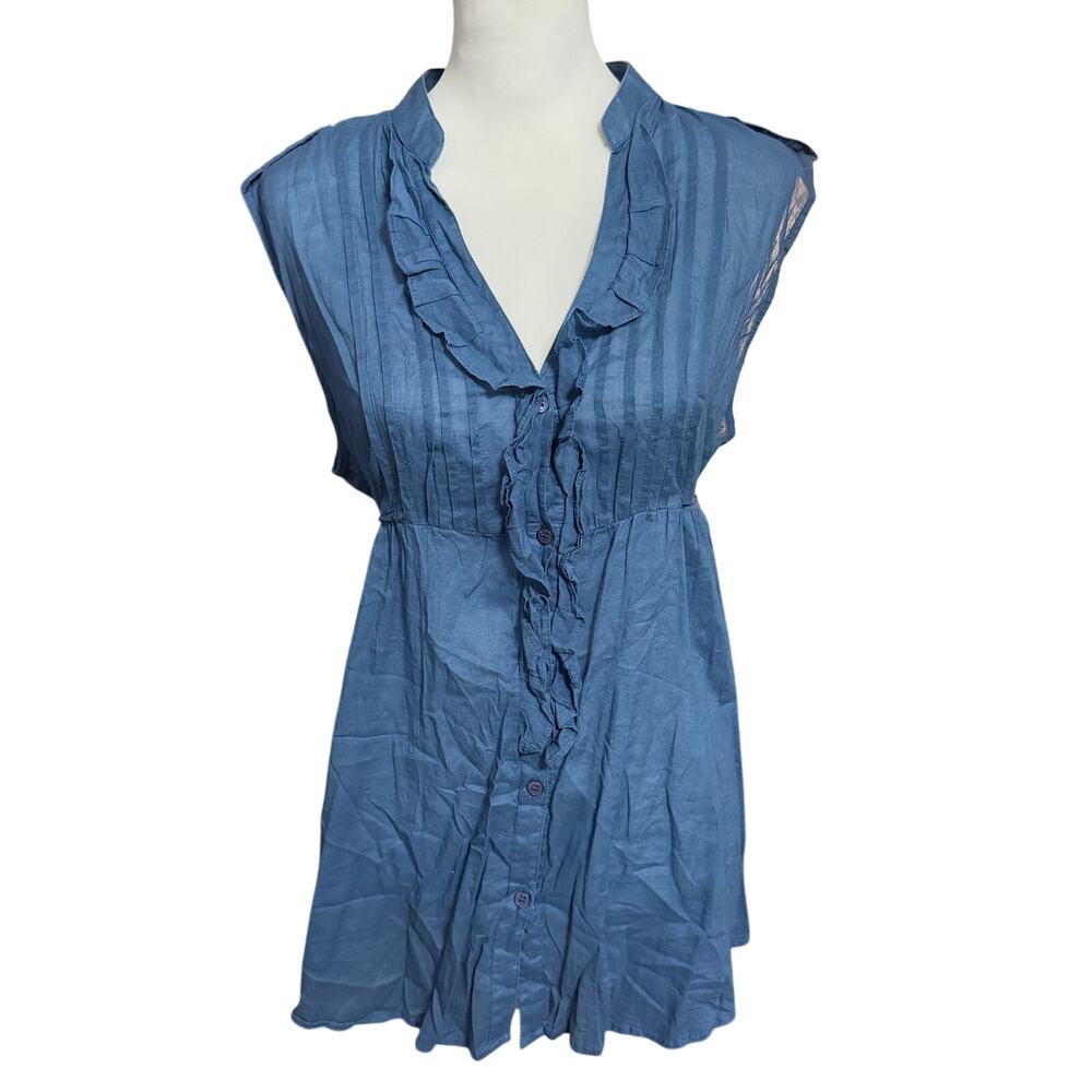 Vintage Y2k Etc Blue Ruffle Button Up Baby Doll Tie Top Size XL